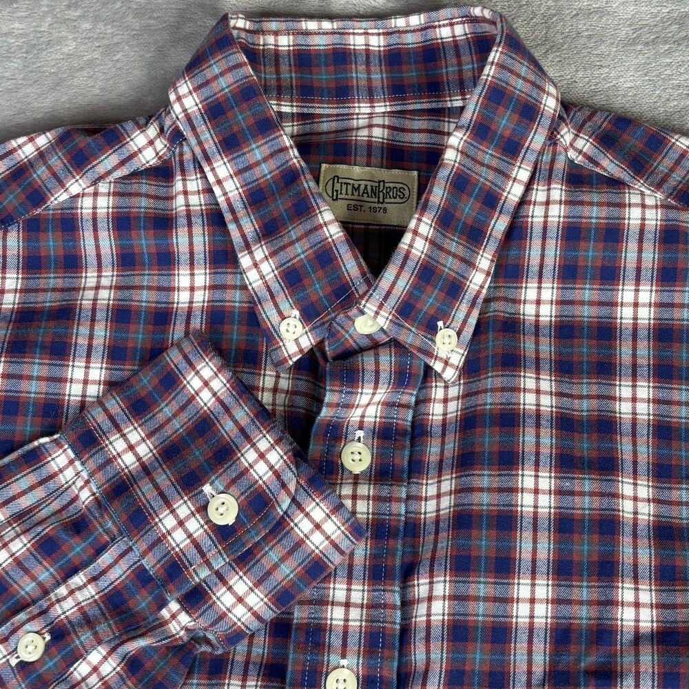 Gitman Bros. Shirt Mens L Blue Plaid Flannel Button Up Long Sleeve‎ Button-Down